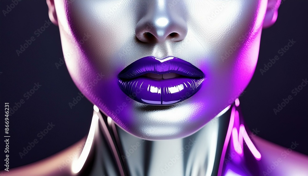 High fashion editorial portrait of a woman with futuristic makeup and purple lipstick, close up, lower part of face High fashion editorial portrait of a woman with futuristic makeup and purple lipstick, close up, lower part of face