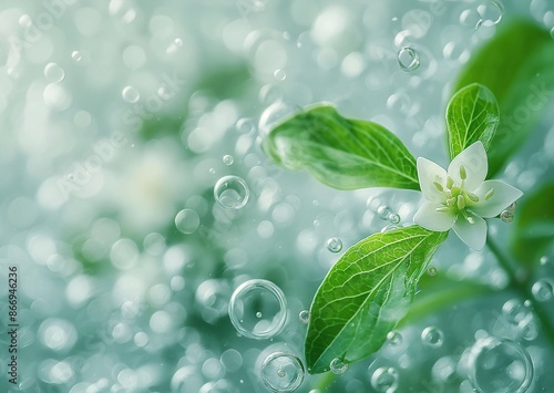 white flower with green leaves and water droplets on it, set against a blurred background. generative ai