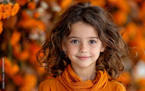 A young girl with long, curly brown hair smiles at the camera while wearing an orange sweater