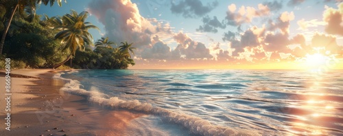 A tranquil beach scene at sunrise. Realistic.