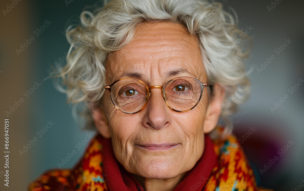 A close-up portrait of a senior woman with grey, curly hair, wearing glasses and a colorful scarf, looking directly at the camera A close-up portrait of a senior woman with grey, curly hair, wearing glasses and a colorful scarf, looking directly at the camera