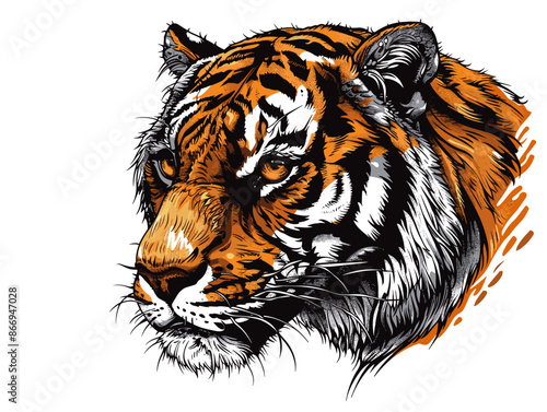 A tiger with a fierce look on its face. The tiger is orange and black. The tiger is drawn in a way that makes it look like it is staring at the camera