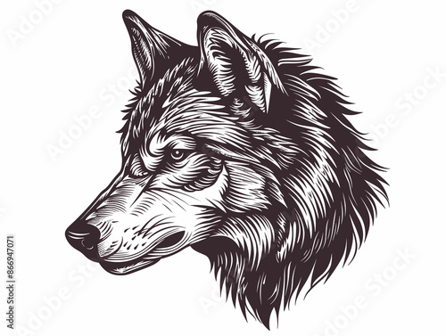 A wolf with a fierce look on its face. The wolf is drawn in black and white. The wolf's fur is long and thick, and its eyes are staring forward. The wolf's mouth is open, and its teeth are visible