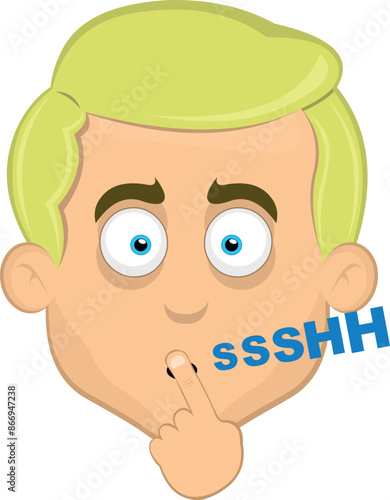 vector illustration face man cartoon blonde and blue eyes, asking for silence with the index finger of the hand