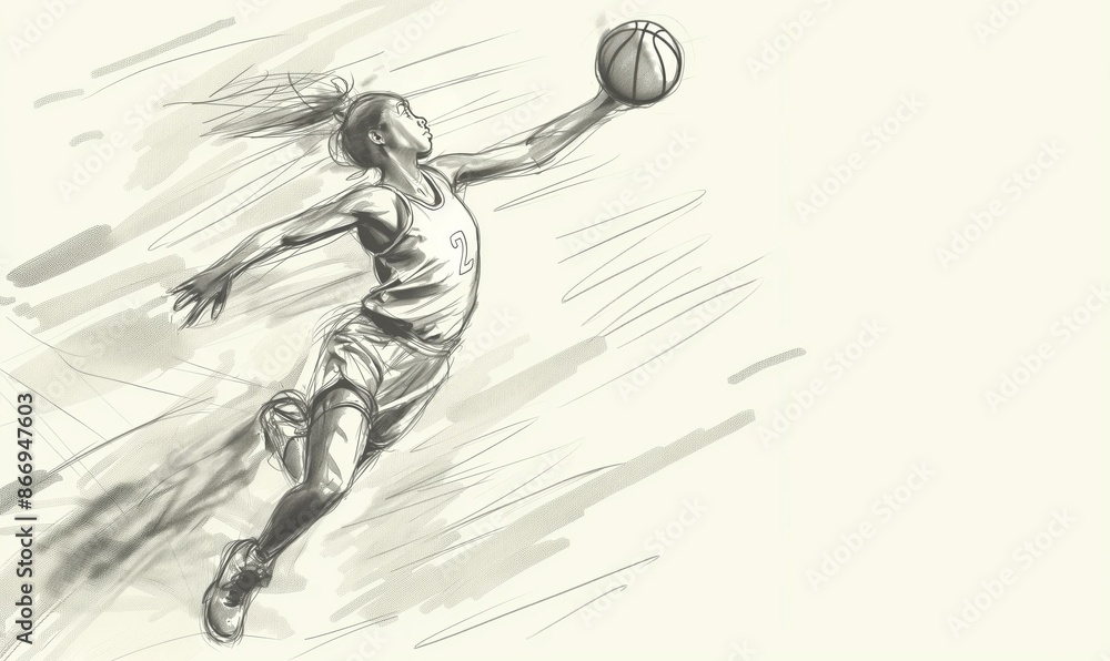 A grayscale sketch of a basketball player in mid-air, reaching out towards the basket. A grayscale sketch of a basketball player in mid-air, reaching out towards the basket.