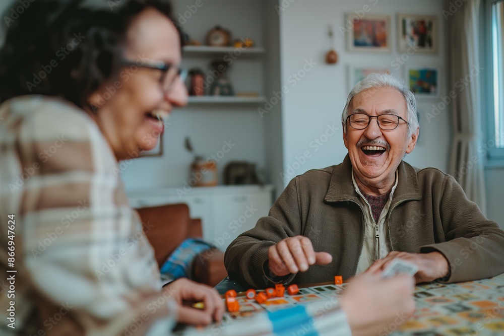 Fototapeta premium An elderly couple enjoying a fun board game together in their living room.