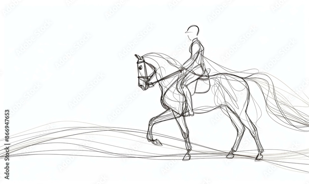 A one-line drawing of an equestrian rider on a horse with a white background. A one-line drawing of an equestrian rider on a horse with a white background.
