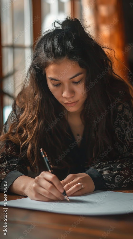 A woman with long dark hair, wearing a patterned shirt, is writing on a sheet of paper at a wooden table A woman with long dark hair, wearing a patterned shirt, is writing on a sheet of paper at a wooden table