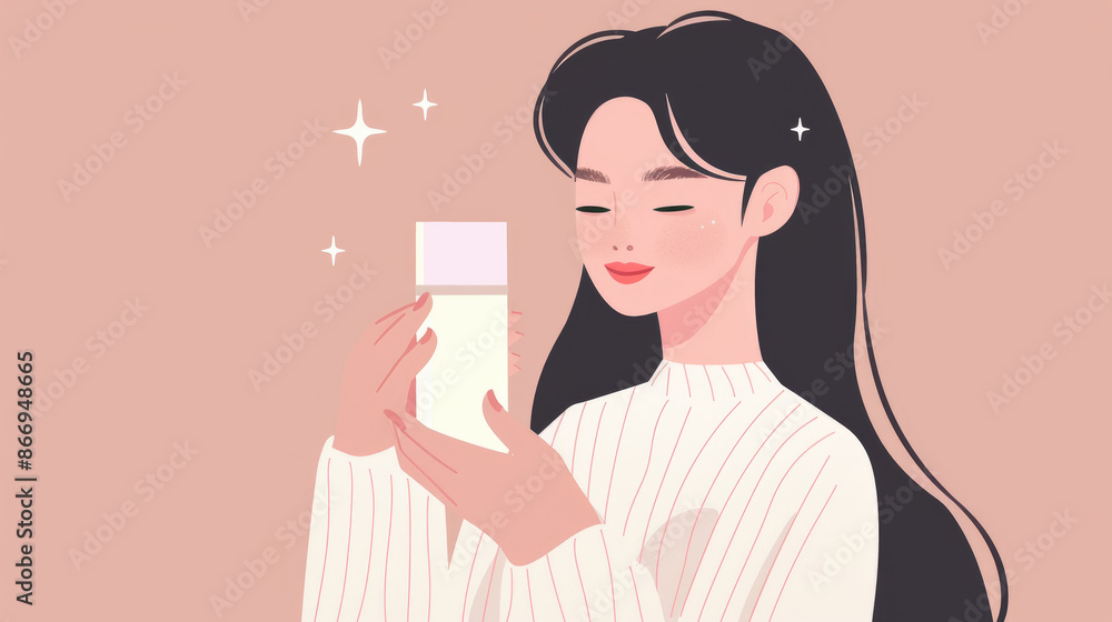 A young woman with long black hair holds a skincare bottle with a white label. The background is a soft pink color with sparkles A young woman with long black hair holds a skincare bottle with a white label. The background is a soft pink color with sparkles