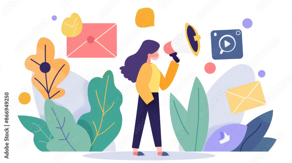 A cartoon illustration depicting a woman using a megaphone to announce a marketing campaign. Surrounding her are icons representing various social media channels, such as email and video