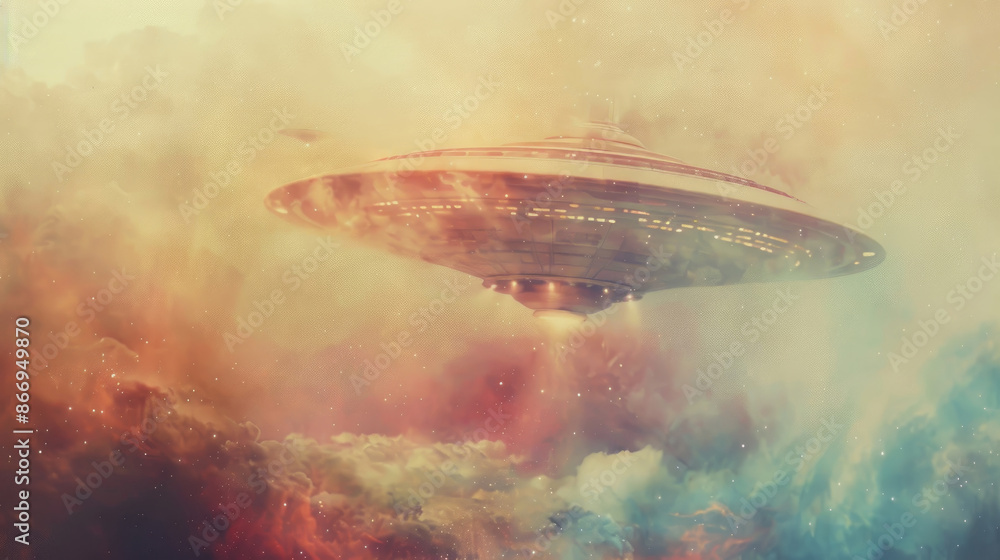 A large, grey spaceship with a smooth, curved hull hovers over swirling colorful nebulae. The spaceship is illuminated from below by bright lights A large, grey spaceship with a smooth, curved hull hovers over swirling colorful nebulae. The spaceship is illuminated from below by bright lights