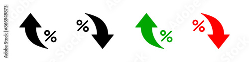 Percent arrow icon. Growth, increase, decrease arrow filled icons. Up arrows, down arrows. Vector