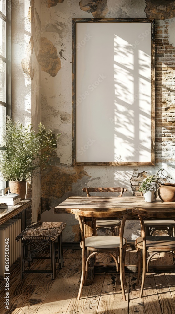 Obraz premium Rustic dining room with a mockup frame on the wall