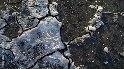 First Winter Snow Blanketing Dark Cracked Pavement