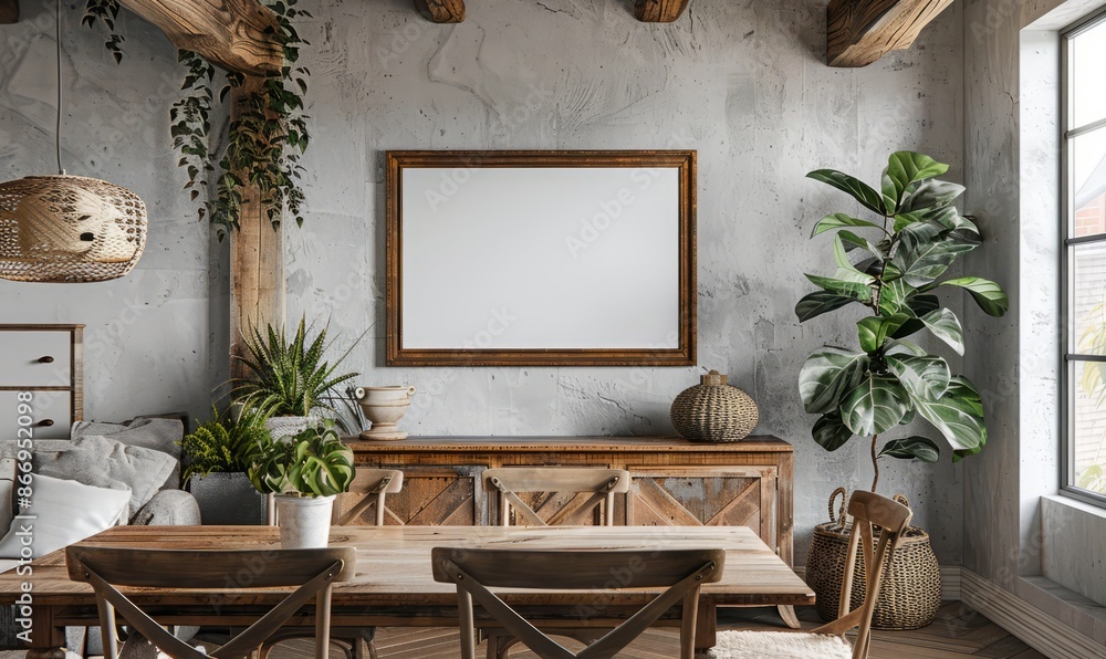 Rustic dining room with a mockup frame on the buffet Rustic dining room with a mockup frame on the buffet