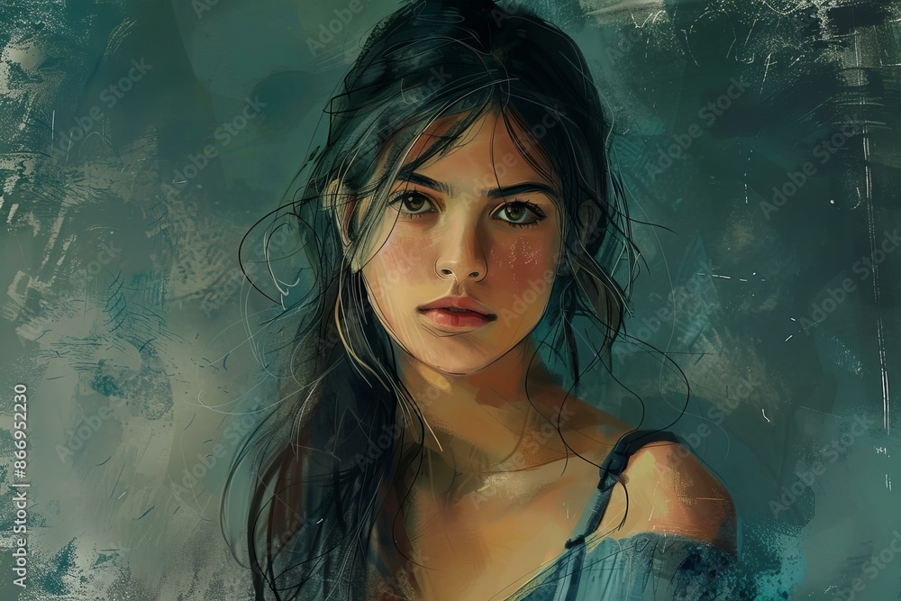 Beautiful young woman with long dark hair is posing on grunge background