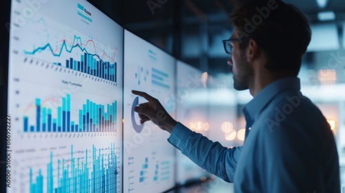 Late-night financial analyst presenting data on a digital whiteboard with graphs