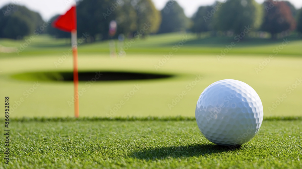 Obraz premium Golf ball closeup with red flag at golf pro court