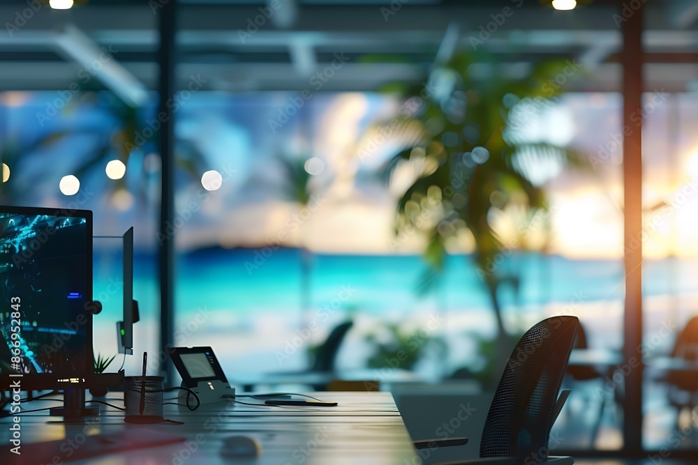 A high-tech office with a blurred background of a virtual beach scene A high-tech office with a blurred background of a virtual beach scene