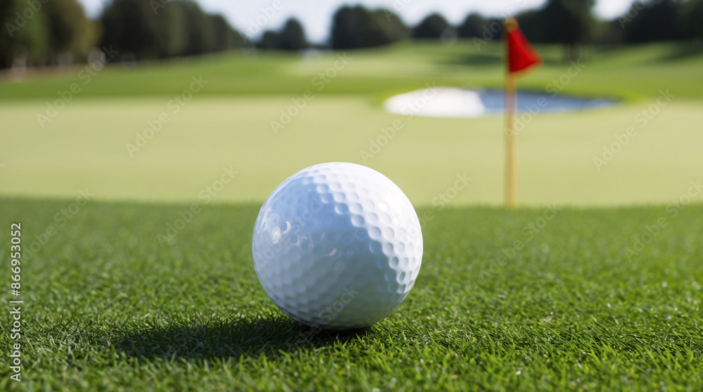 Obraz premium Golf ball closeup with red flag at golf pro court