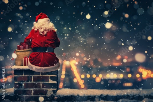 Wallpaper Mural Minimalist santa claus emerging from rooftop chimney with gifts, snowy cityscape background Torontodigital.ca