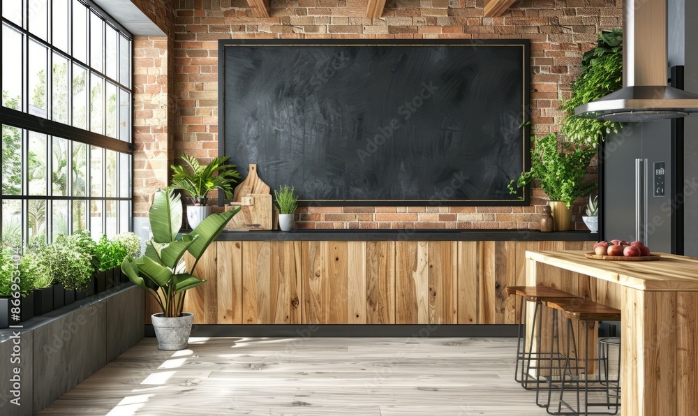 Modern kitchen with a blank chalkboard on the wall Modern kitchen with a blank chalkboard on the wall