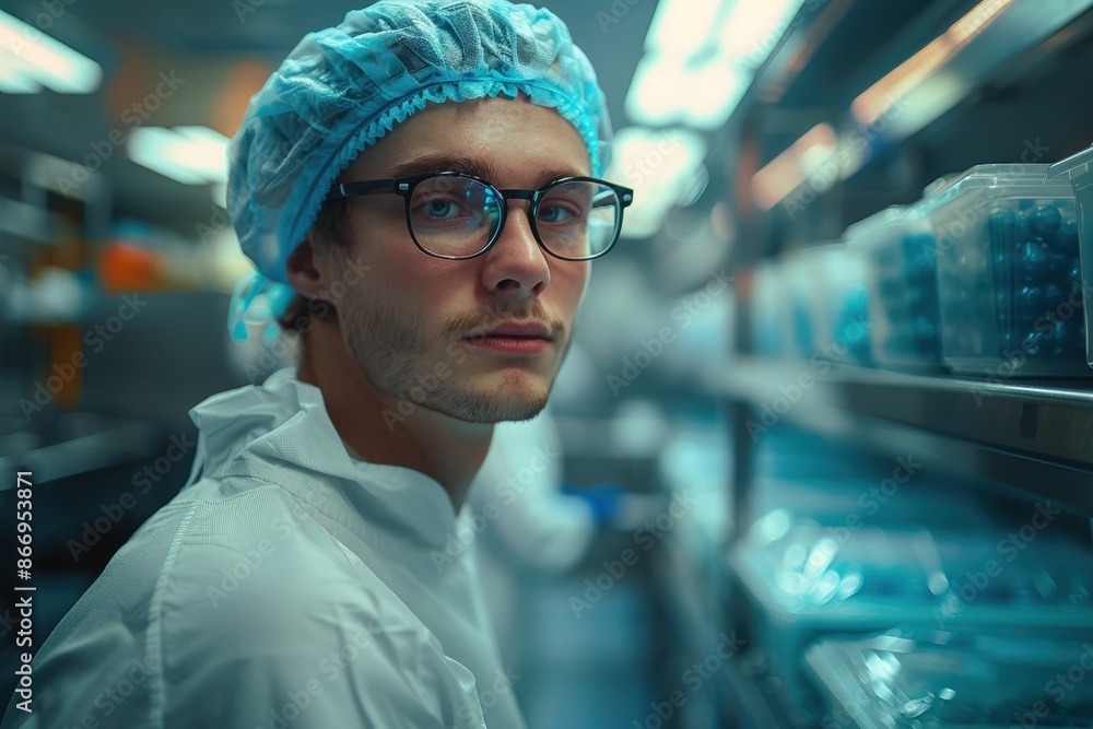 A lab technician wearing protective gear and glasses stands in a sterile lab environment, highlighting the precision and care required in scientific research and medical experimentation. A lab technician wearing protective gear and glasses stands in a sterile lab environment, highlighting the precision and care required in scientific research and medical experimentation.
