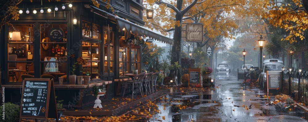 Naklejka premium A cozy cafe on a rainy day. Realistic.