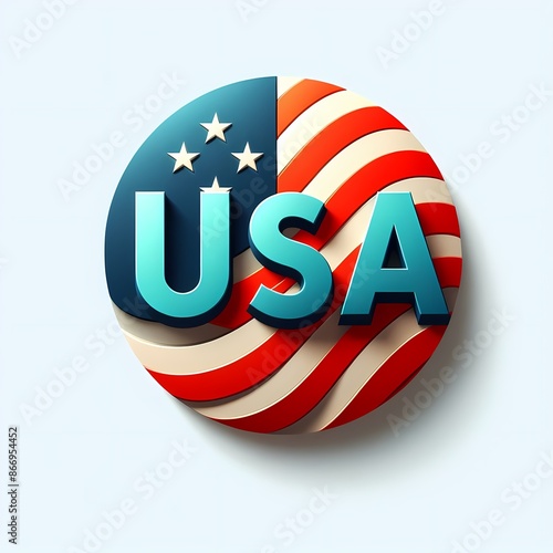A round button with the word usa in the middle, with a blue and white american flag pattern on the side.