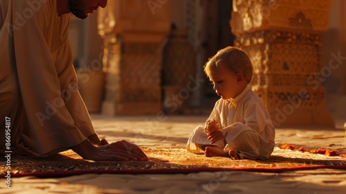 A man and a baby are sitting on a rug. The scene is peaceful and intimate, with the man and baby enjoying each other's company