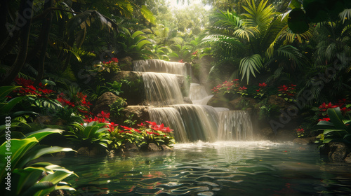 secluded tropical waterfall cascading into clear pool photo