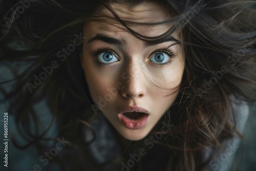 Young woman with long dark hair is making a surprised expression with open mouth and wide eyes © ylivdesign
