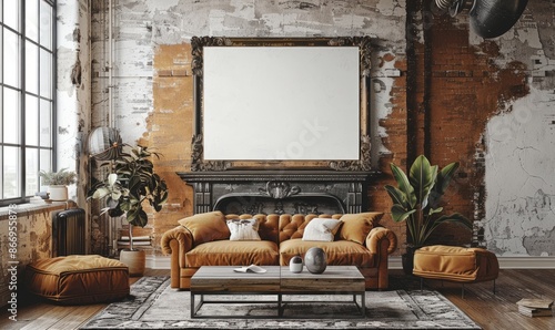 Industrial living room with a blank canvas above the mantel