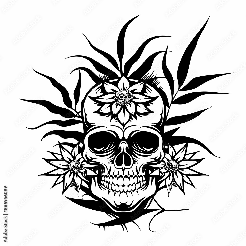 A skull with flowers and leaves surrounding it. The skull is black and white A skull with flowers and leaves surrounding it. The skull is black and white