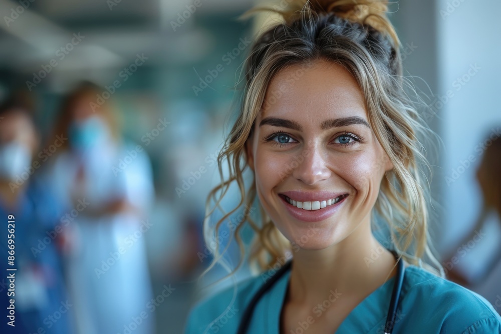 A smiling nurse in scrubs is foregrounded, with colleagues blurred in the background, illustrating the camaraderie and optimism prevalent in a healthcare environment. A smiling nurse in scrubs is foregrounded, with colleagues blurred in the background, illustrating the camaraderie and optimism prevalent in a healthcare environment.