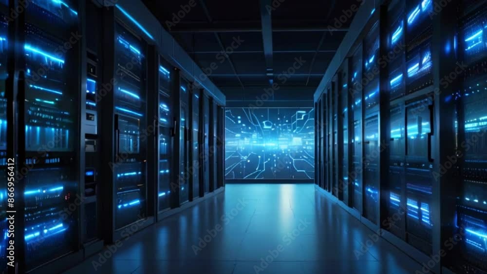 A long, dark room filled with tall racks of servers with bright blue lights. A long, dark room filled with tall racks of servers with bright blue lights.