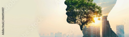 Double exposure of a human silhouette with a natural landscape and cityscape symbolizing balance between nature and urban living. photo