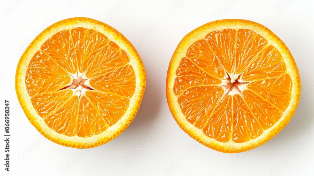 Close-up of two orange halves on a white background, studio shot. Fresh and healthy food concept Close-up of two orange halves on a white background, studio shot. Fresh and healthy food concept