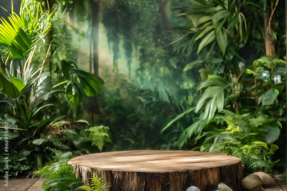 Background podium jungle product platform 3D green wood display pedestal. Background podium jungle tree nature leaf tropical cosmetic summer forest plant garden stage water presentation stone table. Background podium jungle product platform 3D green wood display pedestal. Background podium jungle tree nature leaf tropical cosmetic summer forest plant garden stage water presentation stone table.