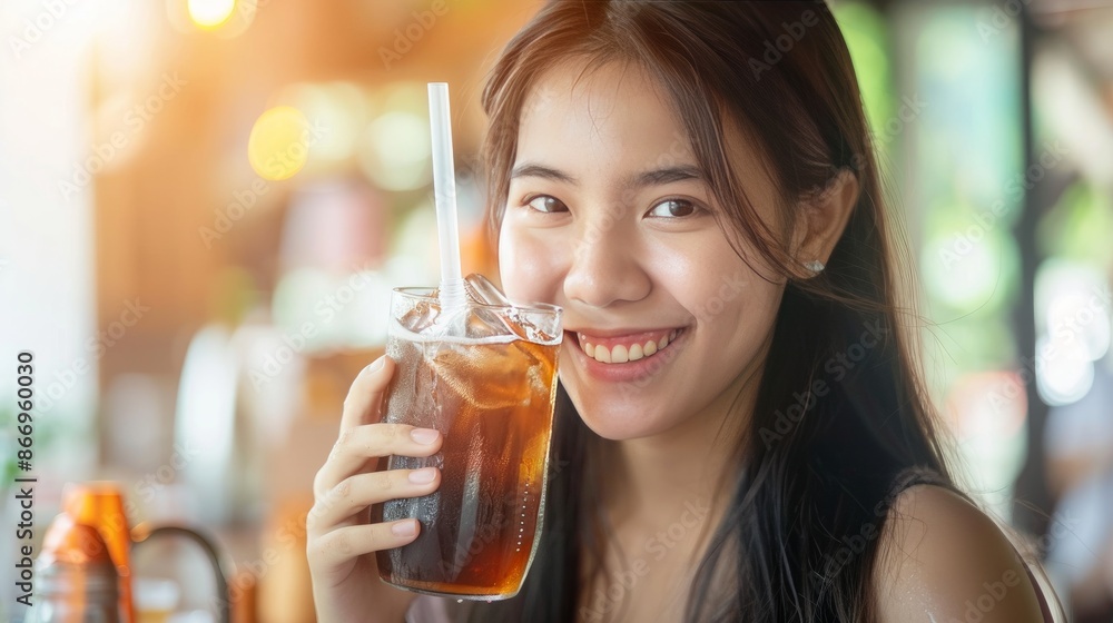 Smile happy thirsty asian young woman drinking or sip, holding glass of ice sparkling soda, cola water with straw, refreshness people, isolated on background. Temptation of food and beverage concept. Smile happy thirsty asian young woman drinking or sip, holding glass of ice sparkling soda, cola water with straw, refreshness people, isolated on background. Temptation of food and beverage concept.