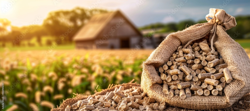 Close up of wood pellets bag with house in background, ideal for eco friendly heating solutions Close up of wood pellets bag with house in background, ideal for eco friendly heating solutions