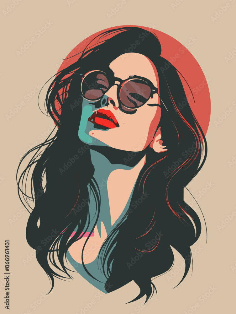 A woman with long hair and sunglasses is the main subject of the image. The sunglasses give her a cool and confident look, while her long hair adds to her overall style A woman with long hair and sunglasses is the main subject of the image. The sunglasses give her a cool and confident look, while her long hair adds to her overall style