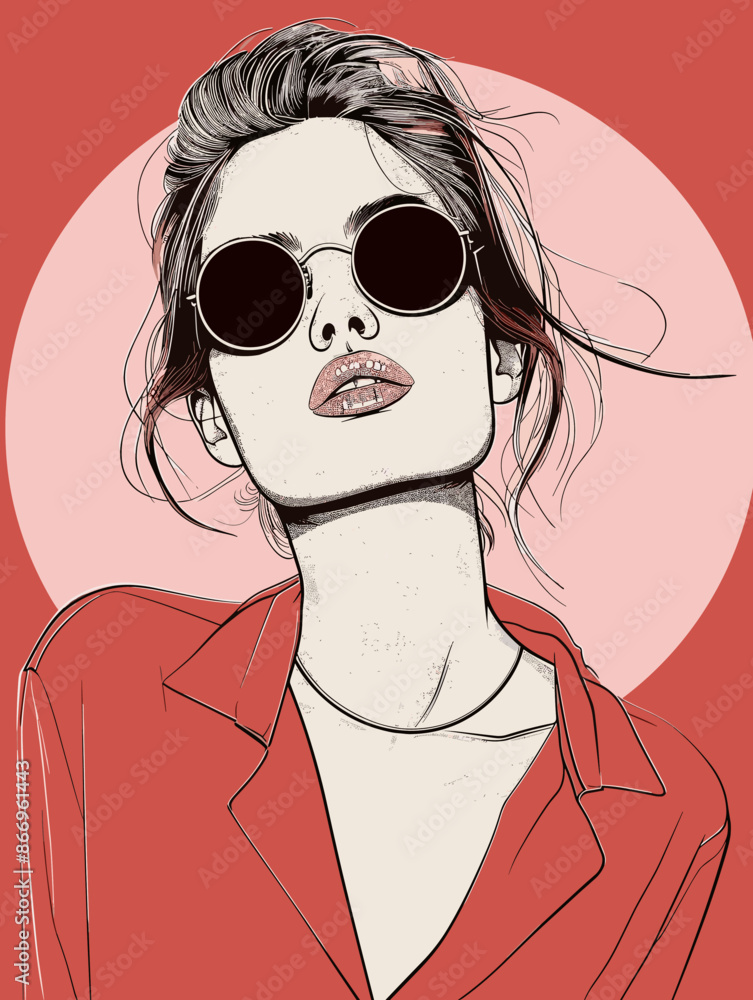 A woman wearing sunglasses and a red jacket A woman wearing sunglasses and a red jacket