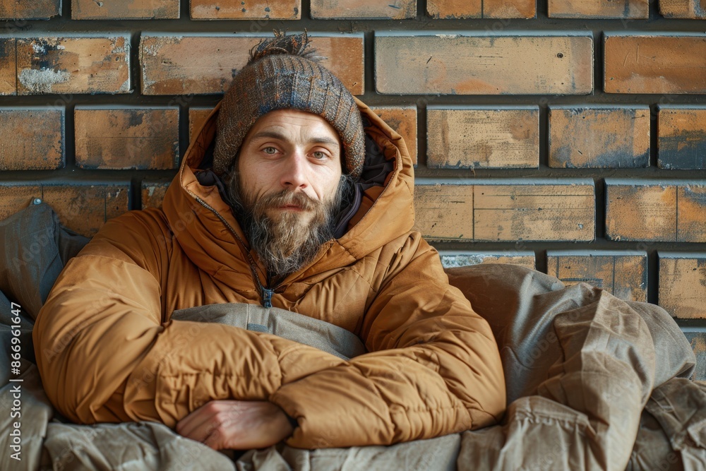 Fototapeta premium A bearded man dressed in a warm orange jacket and knit hat, sitting comfortably against a rustic brick wall, exuding a sense of resilience and calm in a cozy setting.