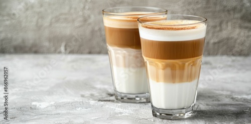 Two glasses of coffee with foam on top. Doublebottomed glasses hold coffee drinks like cappuccino and latte against a dark backdrop. Coffee Photography, Double-bottomed Glasses, Cappuccino, Latte, photo