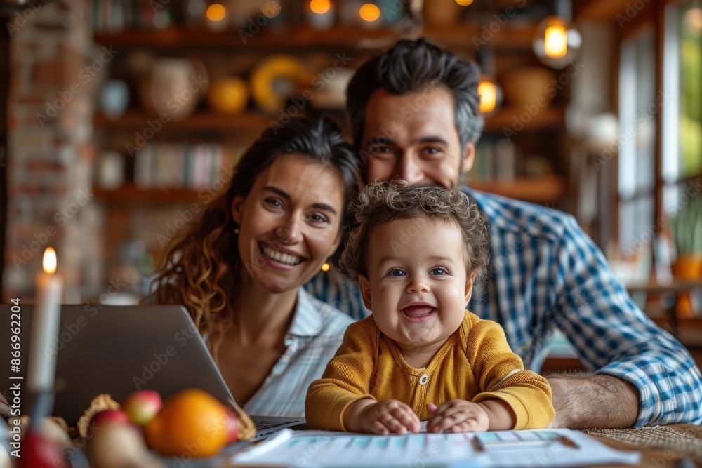 A joyful family of three, parents and a baby, smiling cheerfully at a table, surrounded by warm lighting and homey decor, epitomizing family love and togetherness in a cozy setting. A joyful family of three, parents and a baby, smiling cheerfully at a table, surrounded by warm lighting and homey decor, epitomizing family love and togetherness in a cozy setting.