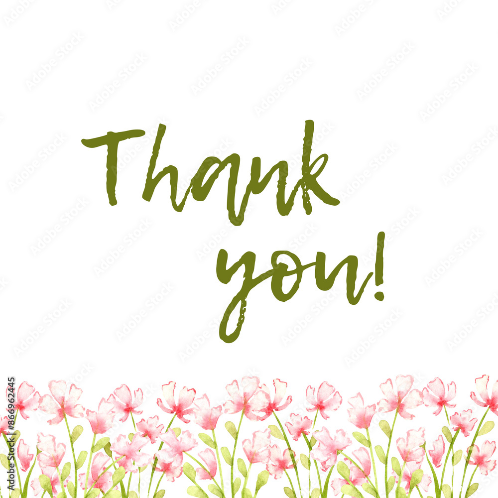 Small pink flowers frame bottom with text thank you watercolor illustration. Isolated from the background. Elegant design ideal for borders, invitations, greeting cards and decorative projects. Small pink flowers frame bottom with text thank you watercolor illustration. Isolated from the background. Elegant design ideal for borders, invitations, greeting cards and decorative projects.
