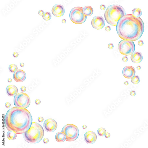Soap bubbles frame corner watercolor illustration. Summer toy symbol, soap foam, bath time, carnival, bubble party, soap making, hobby, bathroom, bubbles, shampoo, cleaning, washing, hygiene,
