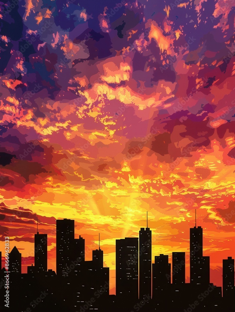 Obraz premium A stunning sunset casts a warm glow over a modern cityscape, showcasing the silhouettes of skyscrapers against a sky filled with vibrant hues of orange, yellow, and purple. Generative AI
