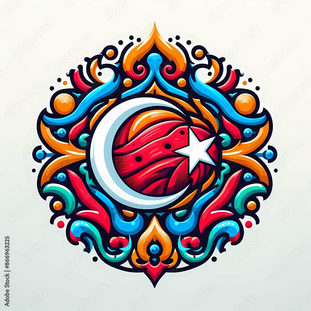 Obraz premium A colorful logo of a Turkish flag with a red ball in the middle, surrounded by abstract shapes.